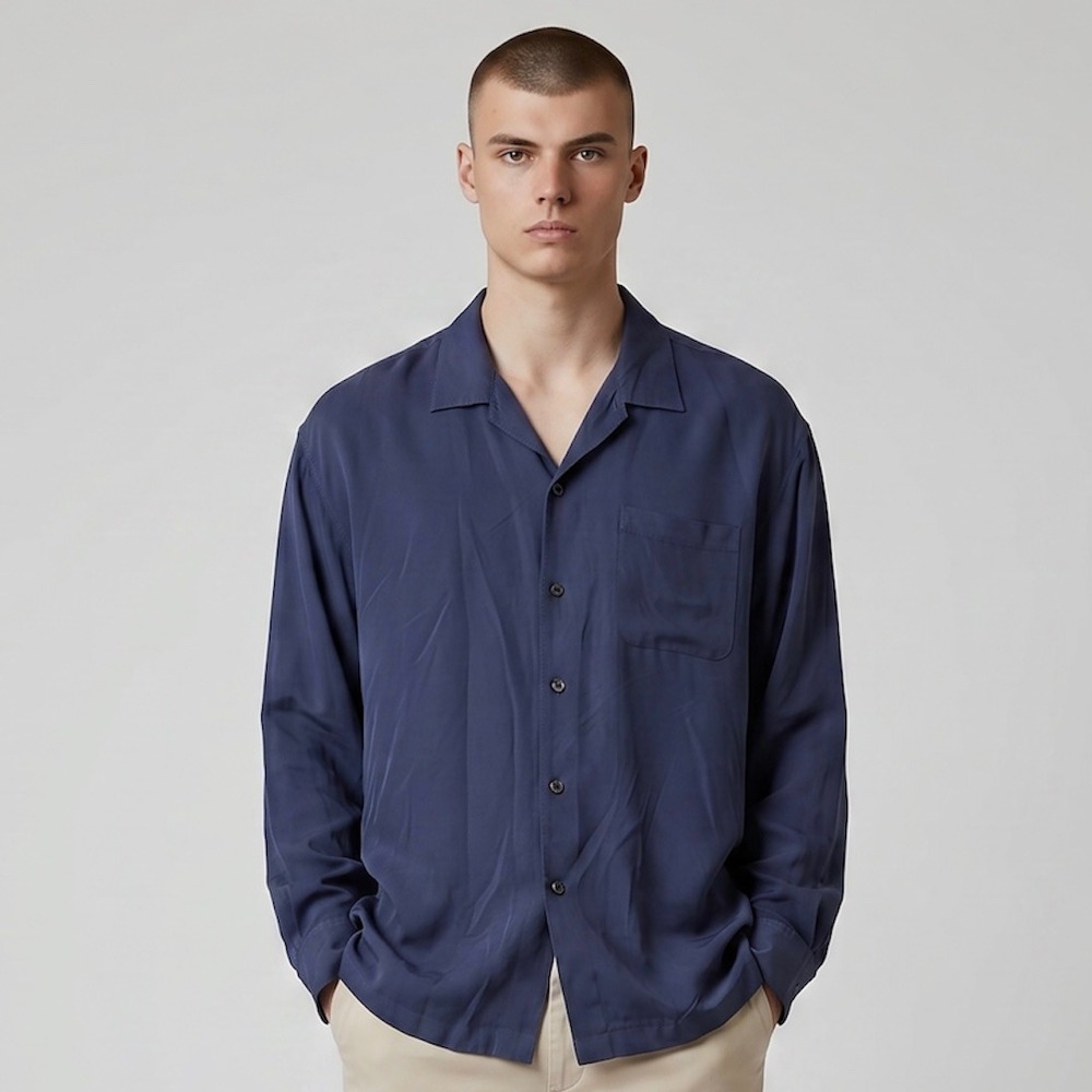 Tommy Bahama Shirt Mens‎ 3XB Navy Blue 100% Silk Long Sleeve Camp Collar